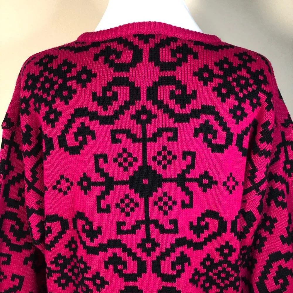 VTG Genesis 80s 90s Fushia Pink - Black Pullover Oversized Acrylic Knit Sweater - Picture 3 of 7